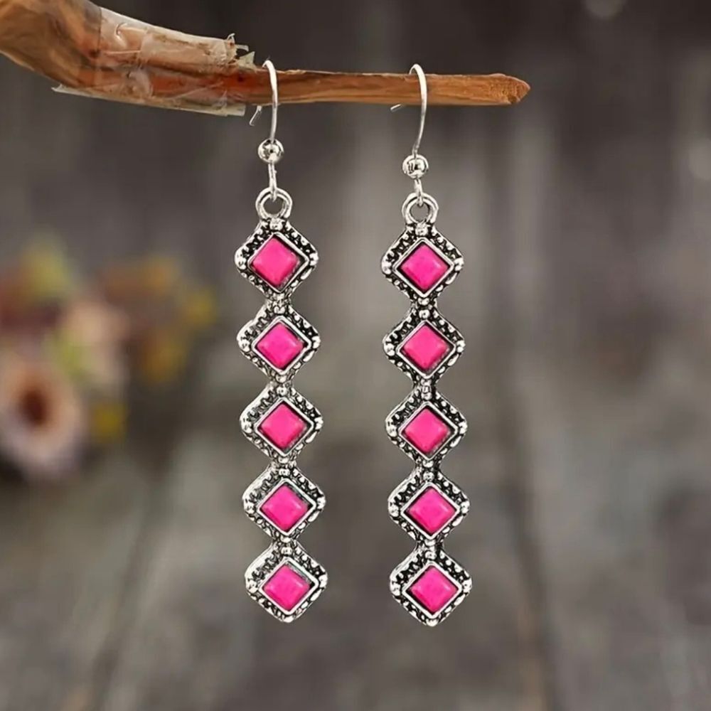 Bohemian Pink Gemstone Accents Iron Hook Long Bar Earrings